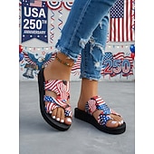  Sandales plates légères pour femmes, à imprimé drapeau américain et brides croisées, idéales pour la fête nationale américaine, le 250e anniversaire et un style streetwear décontracté.