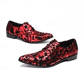 tanie Elementarne Buty Eleganckie-Oryginalne skórzane, czerwone, męskie buty wizytowe z artystycznym nadrukiem, wyjątkowe obuwie designerskie na ślub, wygodne i modne na dzień ślubu