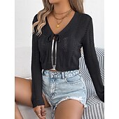 preiswerte Einfarbiger Cardigan-Damen Pullover Strickjacke Urlaub Mode Lässig Einfarbig Gehäkelt V Ausschnitt Schnürung Gestrickt Langarm Crop Tops Stricken Täglich Outdoor Wochenende Schwarz Weiß Sommer Frühling