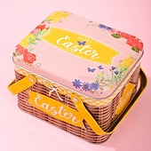 cheap Easter-Easter Bunny Tin Carry Basket, Colorful Metal Rabbit Storage Box with Handle, Creative Easter Decoration Treat Gift Container