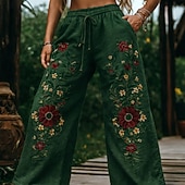  女性用 自由奔放に生きるパンツ スラックス カジュアル ボヘミアン 全長 ナチュラルウエスト フラワー ポケット 弾性ウエスト プリント 快適 屋外 デイリーウェア お出かけ ブルー グリーン ベージュ 夏 レギュラー