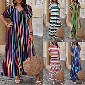voordelige Gestreepte &amp; Geometrische Jurken-Dames Maxi-jurk Casual jurk T shirt jurk A lijn jurk Modieus Modern Dagelijks Vakantie Uitgaan Ruim Passend Gestreept Korte mouw V-hals blauw Blozend Roze Rood Paars Zomer Lente