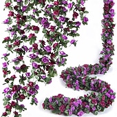 voordelige Kunstbloemen-8 stuks x 2,5 meter bloemenslinger van kunstmatige rozen met groene bladeren, hangende neprozenslinger voor kamer, feest, huis, bruiloft, verjaardag, kerst, muur, boogdecoratie, lente roze bloemen