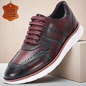 baratos Tênis de couro premium-Sapatos masculinos de couro legítimo bordô com cadarço, calçados formais premium para casamentos e ocasiões especiais.