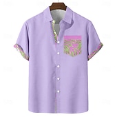 cheap Tropical Plants-Men's Palm Leaf Tropical Plants Shirt Hawaiian Shirt Aloha Shirt Short Sleeve Hawaiian Vacation Holiday Summer Turndown 3D Print Front One Pocket Linen Like Shirt Blue Pink Purple Green