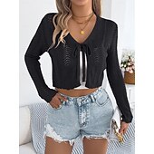 preiswerte Einfarbiger Cardigan-Damen Pullover Strickjacke Urlaub Mode Lässig Einfarbig Gehäkelt V Ausschnitt Schnürung Gestrickt Langarm Crop Tops Stricken Täglich Outdoor Wochenende Schwarz Weiß Sommer Frühling