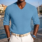 abordables T-shirt en tricot côtelé-Homme T-shirt Débardeur Musclé T-shirt en tricot côtelé Chemise à Manches Longues manche longue Col en V Printemps Automne Hiver Uni Bande de Fosse Mode Designer Basique Tricot Occasionnel Vacances