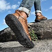 cheap Casual Lace-Up Shoes-Men's Brown Hand-Stitched Faux Leather Hiking Shoes – Rugged Casual Footwear for Outdoor Trekking &amp; Daily Street Style