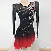 cheap Figure Skating Dresses-Figure Skating Dress Girls' Ice Skating Dress Black+Red Patchwork Asymmetric Hem High Elasticity Training Competition Skating Wear Classic Crystal / Rhinestone Long Sleeve Ice Skating Figure Skating
