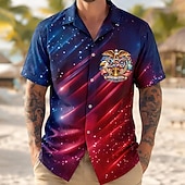  Hombre 4 de julio, 250 aniversario de Estados Unidos Cielo estrellado Bandera de EE. UU. Camisa Camisa Cubana Abotonar la camisa Manga Corta Patriótico Festivos Verano Primavera Camisa con cuello de