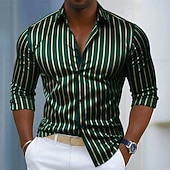 baratos Camisas de cetim masculinas-Homens Camisa Social Blusa de cetim Saia camisa de botão Camisa de formatura Tiras verticais O negócio Casamento Preto Vinho Azul Marinha Verde Manga Longa Aberto para a Lateral Todas as Estações