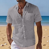  Voor heren Linnen overhemd Zomer overhemd Strand Kleding Overhemd met knopen Effen Casual Vakantie Zwart Wit Marineblauw Hemelsblauw Korte mouw Strijkijzer Zomer Kleding Zak