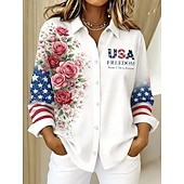  Día de la Independencia Camiseta para Mujeres Americana Botones Impresión Gráfica Aniversario de América Vintage Elegante Moderna de Manga Larga Cuello Camisa Tops Largos Diarios Azul Blanco Verano