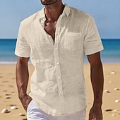  Voor heren Linnen overhemd Zomer overhemd Strand Kleding Overhemd met knopen Effen Casual Vakantie Zwart Wit Marineblauw Hemelsblauw Korte mouw Strijkijzer Zomer Kleding Zak