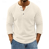 preiswerte Lässige T-Shirts für Herren-Herren T Shirt Cordhemd Henley Hemd T-Shirt Langarm Henley Frühling Herbst Einfach Mode Designer Basic Knöpfe Urlaub Straße Ausgehen Wein Top T-Shirt für Herren