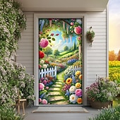 baratos Tampas da porta-Capa para porta com estampa de jardim de rosas, caminho de cerca de estacas com flores em 2D, decoração elegante para entrada de casa, perfeita para porta da frente ou hall de entrada.