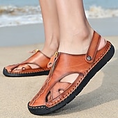 cheap Casual Sandals-Men's Brown Faux Leather Closed-Toe Sandals, Hand-Stitched Breathable Casual Shoes for Summer Outdoor &amp; Beach Wear