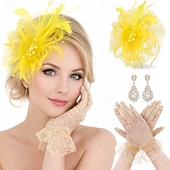 abordables Fascinadores &amp; Sombreros-Conjunto Guantes Fascinador Pendientes Dama Floral Disfraz Mujer Mascarada Fiesta de Té Pañuelo Festival de carreras de caballos Adulto Tocados Guantes Pendientes Todas las Temporadas