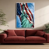 cheap Holiday Paintings-America 250 Years Handmade Oil Painting Canvas Wall Art Decoration Stars Stripes Statueo of Liberty for Home Decor Rolled Frameless Unstretched Painting