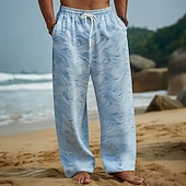 baratos Calça Casual Estampada Masculina-Homens Geométrica oceano Ondas Calças Calças largas Calça casual Cintura Média Havaiana Ao ar livre Férias Roupa de Praia Cintura elástica com cordão Calças de linho com bolsos Verão Primavera