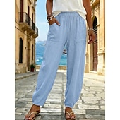 economico Fondi-pantaloni estivi da donna 100% cotone pantaloni pantaloni da spiaggia vacanza boho lunghezza alla caviglia colore naturale tinta unita tasca vita elasticizzata spiaggia casual nero bianco verde militare blu scuro estate primavera autunno