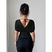 economico Bluse Semplici-Per donna Blusa Tinta unica Semplice Elegante Vintage Moda Manica Corta Scollo a V Scollo profondo Top Regolari Rosso violaceo Marrone caffè Nero Verde militare Estate Primavera