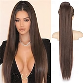 halpa Poninhännät-kiristysnyörillä poninhäntäpidennykset, pitkät suorat poninhännät, luonnollisen pehmeät klipsiponinhännät naisille, synteettiset hiuslisäkkeet, ombre, mustasekoitus, vaaleat