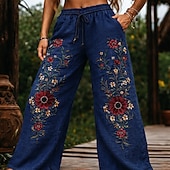  女性用 自由奔放に生きるパンツ スラックス カジュアル ボヘミアン 全長 ナチュラルウエスト フラワー ポケット 弾性ウエスト プリント 快適 屋外 デイリーウェア お出かけ ブルー グリーン ベージュ 夏 レギュラー