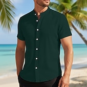 cheap Men's Button Up Shirts-Men's Shirt Summer Shirt Beach Wear Corduroy Shirt Navy Blue Short Sleeve Plain Stand Collar Mandarin Collar Henley Casual Daily Clothing Apparel Fashion Casual Comfortable Smart Casual