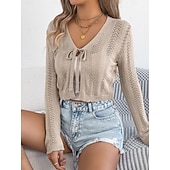 preiswerte Einfarbiger Cardigan-Damen Pullover Strickjacke Urlaub Mode Lässig Einfarbig Gehäkelt V Ausschnitt Schnürung Gestrickt Langarm Crop Tops Stricken Täglich Outdoor Wochenende Schwarz Weiß Sommer Frühling