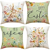 levne Hodte polštáře, vložky a kryty-Sada 4 lněných prodyšných povlaků na polštáře s potiskem velikonočních zajíčků, jarní domácí dekorativní povlaky na polštáře na pohovku