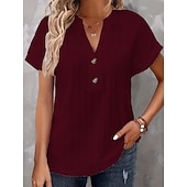 economico T-shirt semplice-Per donna Maglietta Bottoni Semplice Moda Elegante Classico Manica Corta Scollo a V Top Regolari Quotidiano Uscire Weekend Bianco Vino Marrone Estate Primavera