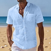  Voor heren Linnen overhemd Zomer overhemd Strand Kleding Overhemd met knopen Effen Casual Vakantie Zwart Wit Marineblauw Hemelsblauw Korte mouw Strijkijzer Zomer Kleding Zak