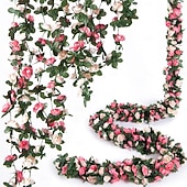 voordelige Kunstbloemen-8 stuks x 2,5 meter bloemenslinger van kunstmatige rozen met groene bladeren, hangende neprozenslinger voor kamer, feest, huis, bruiloft, verjaardag, kerst, muur, boogdecoratie, lente roze bloemen