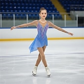 cheap Figure Skating Dresses-Figure Skating Dress Girls' Ice Skating Dress Sky Blue Patchwork Open Back Stretchy Training Competition Skating Wear Classic Crystal / Rhinestone Long Sleeve Ice Skating Figure Skating