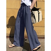 preiswerte Wesentliche Falsche Unterteile-Damen Kunstbaumwollleinen Weites Bein Chinos Sommerhose Urlaub Mode Streetwear Volle Länge Hohe Taille Einfach Tasche Elastischer Bund Bequem Komfort Weich Dehnbar Täglich Outdoor Straße Marineblau