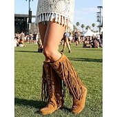abordables Mujeres-Botas hasta la rodilla de gamuza sintética bordada con flecos para mujer, estilo bohemio para festivales y ropa informal