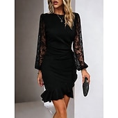 ieftine Rochie simplă-Pentru femei Rochie Mini Rochie teacă Elegant Petrecere cocktail În aer liber Petrecere Invitat la nunta Dantelă Peteci Fit regulat Culoare solidă Manșon Lung Stil Nautic Negru Roșu Vin Verde Închis