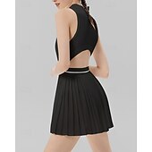 baratos Vestido Feminino-Mulheres Cor Sólida Vestido de tênis com shorts e sutiã embutidos Vestido esportivo Sem Manga Zip Up Bolsos Elástico Respirável Tênis Corrida Ginástica Gola Alta Vestidos Moletom Preto Branco Roupas