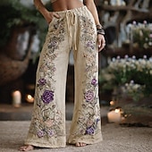  女性用 ワイドレッグ パンツ パラッツォパンツ ファッション ボヘミアン 全長 ハイウエスト フラワー ドローストリング 弾性ウエスト プリント 通気性 快適 ストリート デイリーウェア お出かけ ブルー アーミーグリーン オレンジ グリーン 春 秋 レギュラー