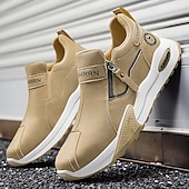 cheap Slip-On Casual Shoes-Men's Khaki and Black Slip-On Sneakers with Side Zipper, Lightweight Athletic Casual Shoes for Daily Walking, Travel and Outdoor Activities