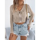 preiswerte Einfarbiger Cardigan-Damen Pullover Strickjacke Urlaub Mode Lässig Einfarbig Gehäkelt V Ausschnitt Schnürung Gestrickt Langarm Crop Tops Stricken Täglich Outdoor Wochenende Schwarz Weiß Sommer Frühling