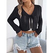 preiswerte Einfarbiger Cardigan-Damen Pullover Strickjacke Urlaub Mode Lässig Einfarbig Gehäkelt V Ausschnitt Schnürung Gestrickt Langarm Crop Tops Stricken Täglich Outdoor Wochenende Schwarz Weiß Sommer Frühling