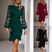 ieftine Rochie simplă-Pentru femei Rochie Mini Rochie teacă Elegant Petrecere cocktail În aer liber Petrecere Invitat la nunta Dantelă Peteci Fit regulat Culoare solidă Manșon Lung Stil Nautic Negru Roșu Vin Verde Închis