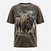 economico Magliette con stampa animale-Maglietta da uomo vintage con grafica 3D, motivo bisonte e bufalo, a maniche corte, marrone, con stampa animalier, abbigliamento s m l xl xxl xxxl