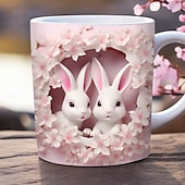 levne Šálky a hrnečky-Hrnek na kávu o objemu 293 ml s roztomilým 3D motivem kočky, králíka a ptáka, termohrnek z keramiky, opakovaně použitelný, pouze ruční mytí, rozkošný zvířecí design s květinami, perfektní dárek ke