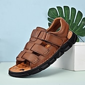 cheap Outdoor Sandals-Men's Faux Leather Velcro Strap Sandals, Breathable and Adjustable for Summer Vacations, Beach Days and Relaxed Casual Wear