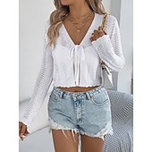 preiswerte Einfarbiger Cardigan-Damen Pullover Strickjacke Urlaub Mode Lässig Einfarbig Gehäkelt V Ausschnitt Schnürung Gestrickt Langarm Crop Tops Stricken Täglich Outdoor Wochenende Schwarz Weiß Sommer Frühling