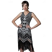 お買い得  1920年代のドレス-20代の轟音 1920年代風 膝丈 ドレス フラップワンピース セット ノー・スリーブ グレートギャツビー チャールストン プラスサイズ タッセル フェザー Ｖネック 仮装 女性用 カーニバル 新年 マスカレード パーティー スピークイージー マスカレード 成人 1×ネックレス ドレス グローブ