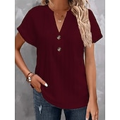 economico T-shirt semplice-Per donna Maglietta Bottoni Semplice Moda Elegante Classico Manica Corta Scollo a V Top Regolari Quotidiano Uscire Weekend Bianco Vino Marrone Estate Primavera